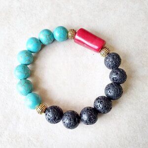 Sexy Stretch Bracelet: Red Coral + Turquoise Howlite + Black Lava Rock Beads